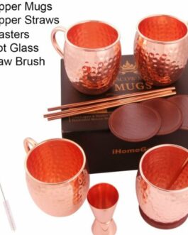 4Pack Copper Moscow Mule Mugs Set with Handles 16OZ w/ Straws Coasters Brush Kit