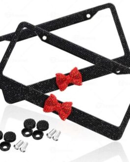 2x Black 7 Rows Bling Diamond Crystal License Plate Frame Red Bow Tie