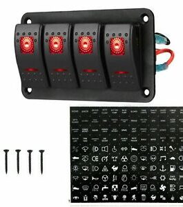 4 Gang Toggle Rocker Switch Panel DUAL USB fit Car Boat Marine RV Truck Red LED