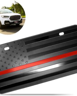 Black Steel Tactical Firefighter Flag Embossed License Plate Red Line