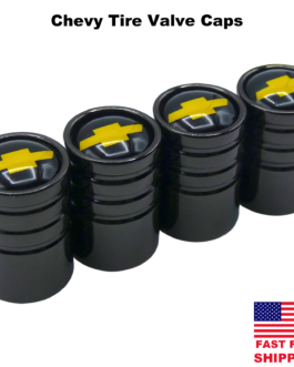 4x VALVE STEM CAPS WHEEL TIRE CHEVROLET CHEVY (Yellow Logo, Metallic Black)