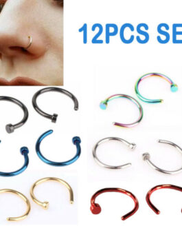 12pcs Nose Ring Open Hoop Lip Piercing clip on Studs Stainless Steel Jewelry Set
