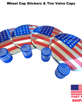 4x American Flag Wheel Cap Hub Sticker Decal 2.2″ & 4x Blue Tire Valve Caps