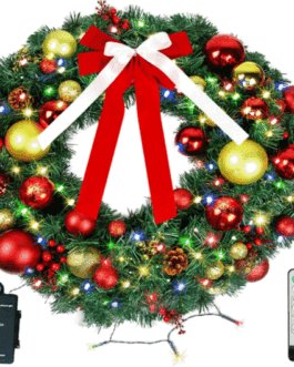24 Inch Christmas Wreath with Remote LED String Lights – Prelit Xmas Door Wreath