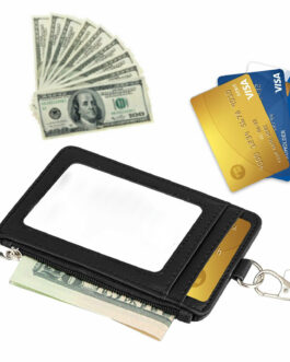 Vertical Leather ID Card Holder Badge Wallet Pocket W/6 Slot Neck Strap Lanyard
