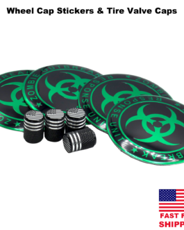 Zombie Outbreak Wheel Cap Hub Sticker Decal 2.20″ &Tire Valve Stem Caps (GREEN)