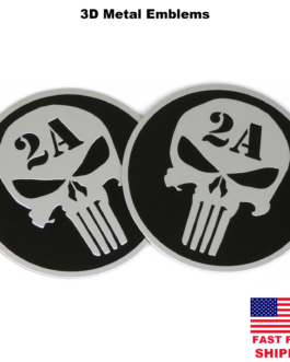 (2 Pack) 3D Metal 2nd Amendment Punisher Sticker Decal Emblems NRA 2.5″