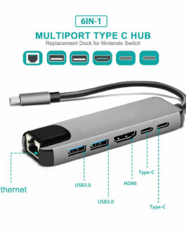 6 in 1 4K HDMI Ethernet USB C Hub Multi-port Adapter for Nintendo/MacBook/Laptop