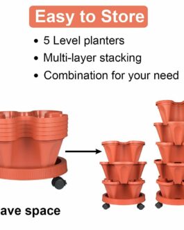 Stackable Flower Pots Strawberry Herb Garden Indoor 5 Tier Stand w/ Planting Kit