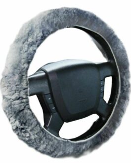 Gray Genuine Sheepskin Stretch On Plush Car Steering Wheel Cover