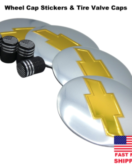 4 Chevy Wheel Cap Hub Sticker Decals 2.2″ 56mm Silver & 4 Tire Valve Stem Caps