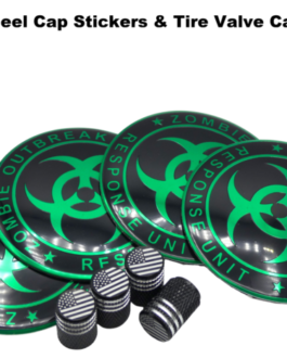 Zombie Outbreak Wheel Cap Hub Sticker Decal 2.20″ &Tire Valve Stem Caps (GREEN)