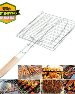 Barbecue Grilling Fish Clip BBQ Grill Basket Fish Clip Net Wodd Handle Holder