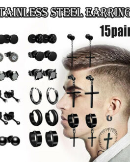 15 Pairs Earrings Men Women Stainless Steel Cross Stud Hoop Set Piercing Jewellery